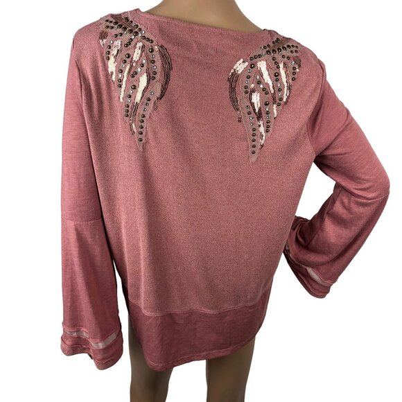 Miss Me Embellished Studded Knit Sweater Long Flare Sleeve Pink‎ Size M Boho Y2K - Picture 7 of 8